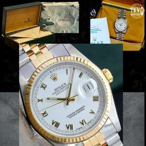 ROLEX MENS DATEJUST 16233 GOLD & STEEL WHITE DIAL FLUTED 36MM WATCH BOX & PAPERS